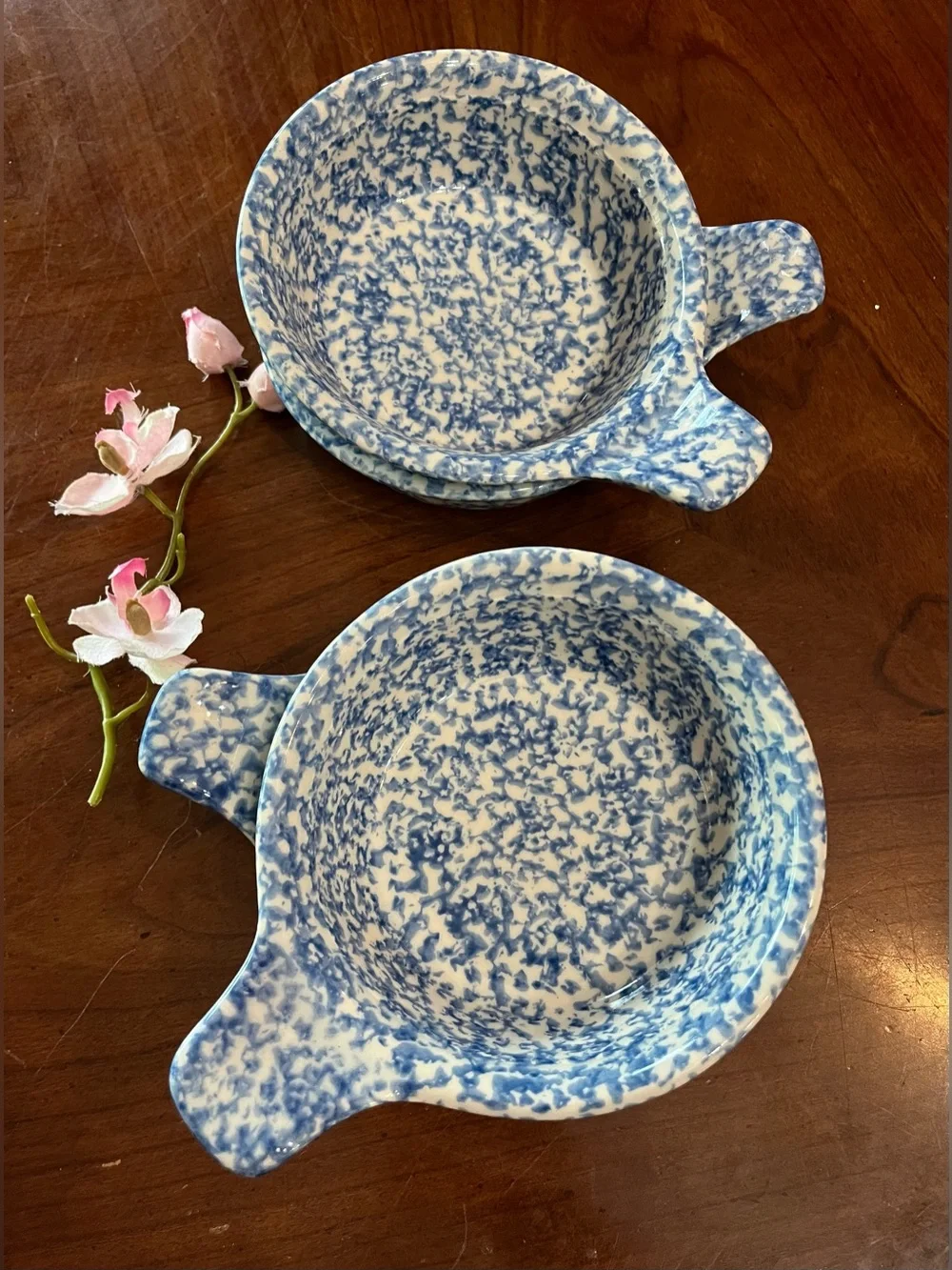 VTG 4-Set Gerald E. Henn Blue Roseville Spongeware Single Handle Soup Bowls